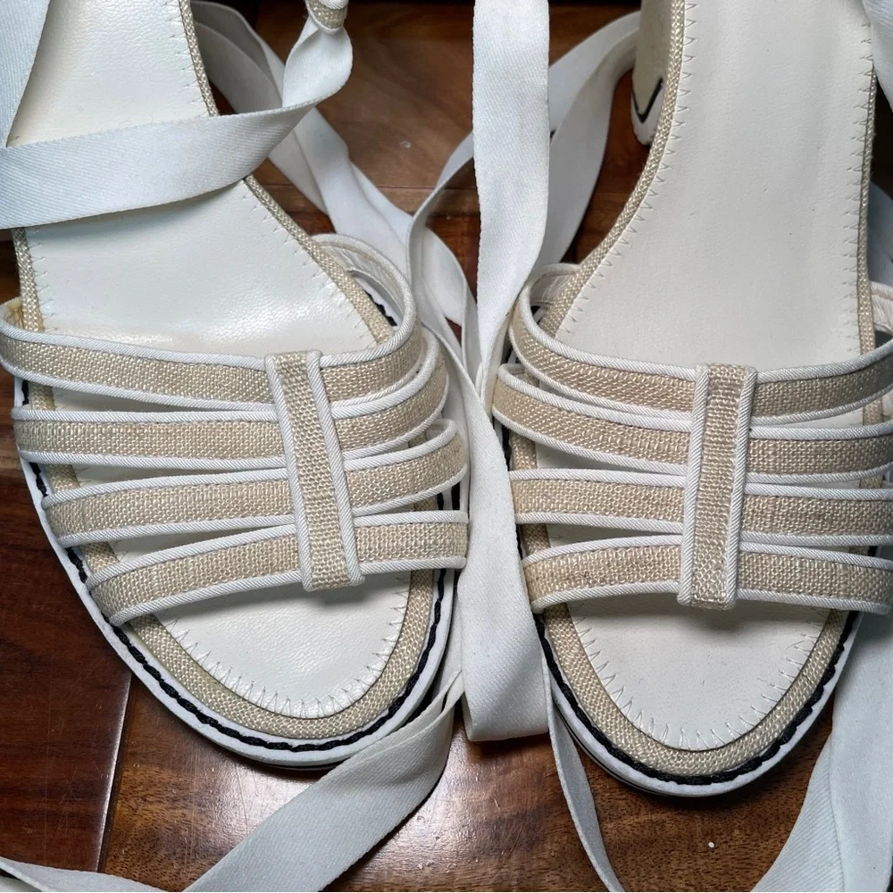 MARC JACOBS Ivory Canvas Ankle Tie Sculptural Wedge Sandals Size 10